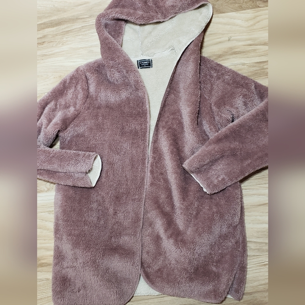 1 Funky Outdoors Soft Sherpa Teddy Hooded Jacket Open Front Pink Oversize S-M